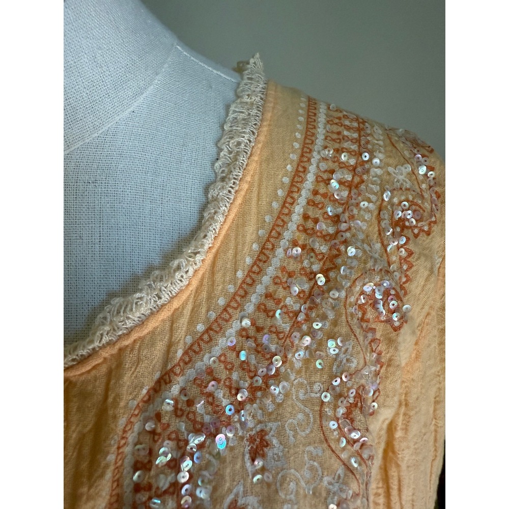 Y2K Peach Sequin Top Boho Fairy Bell Sleeve Renaissance Mallcore McBling Medium - Picture 3 of 8